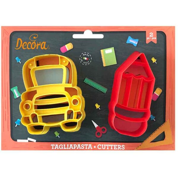 decora set 2 cutters tagliapasta in plastica tema scuola con pulmino e matitone