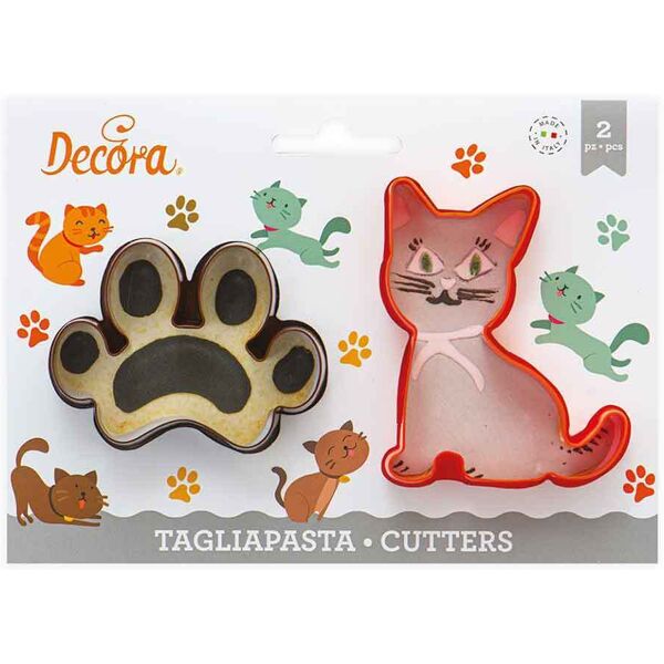 decora set 2 cutters tagliapasta in plastica animali gatto e impronta zampa