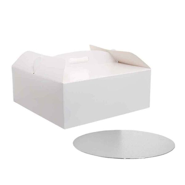 decora scatola per torta quadrata con manico bianca 33,5 x 33,5 x h 12 cm sottotorta Ø 33 cm