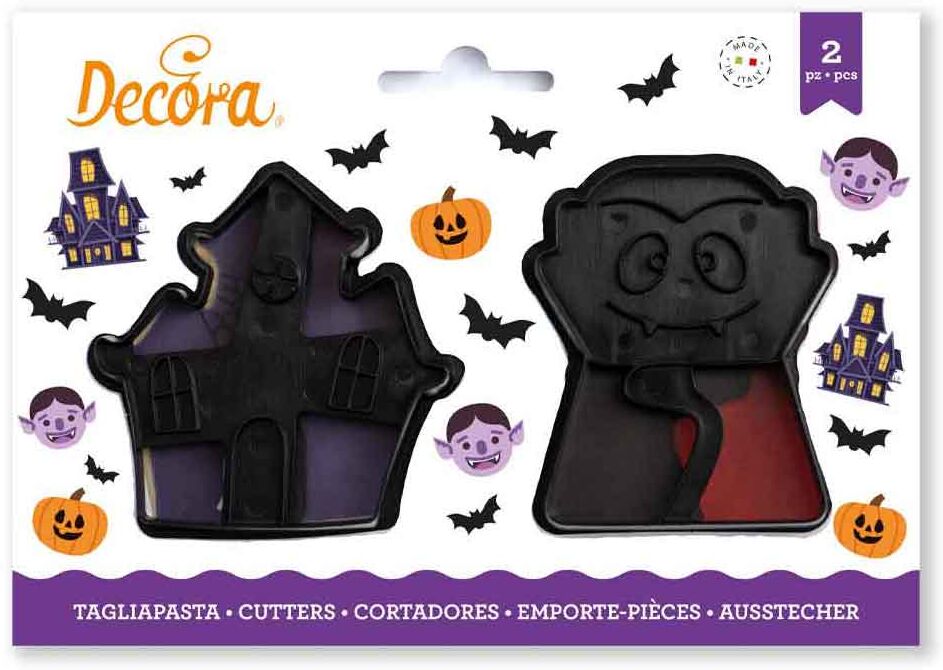 decora set 2 cutters tagliapasta in plastica halloween vampiro e casa stregata