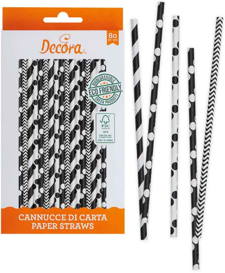 Decora 80 Cannucce Biodegradabili In Carta Fantasie Bianco E Nero 21 Cm Ø6 Mm