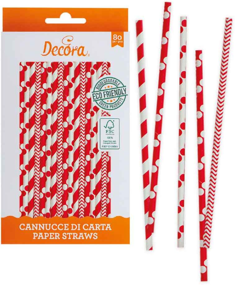 Decora 80 Cannucce Biodegradabili In Carta Fantasie Bianco E Rosso 21 Cm Ø6 Mm