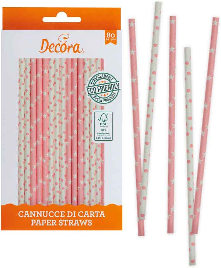 Decora 80 Cannucce Biodegradabili In Carta Stelle Righe E Pois Rosa 21 Cm Ø6 Mm