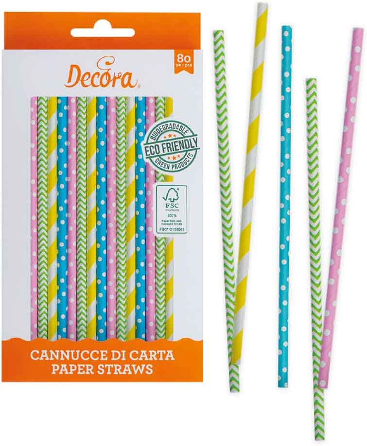 Decora 80 Cannucce Biodegradabili In Carta Fantasie Pastello 21 Cm Ø6 Mm