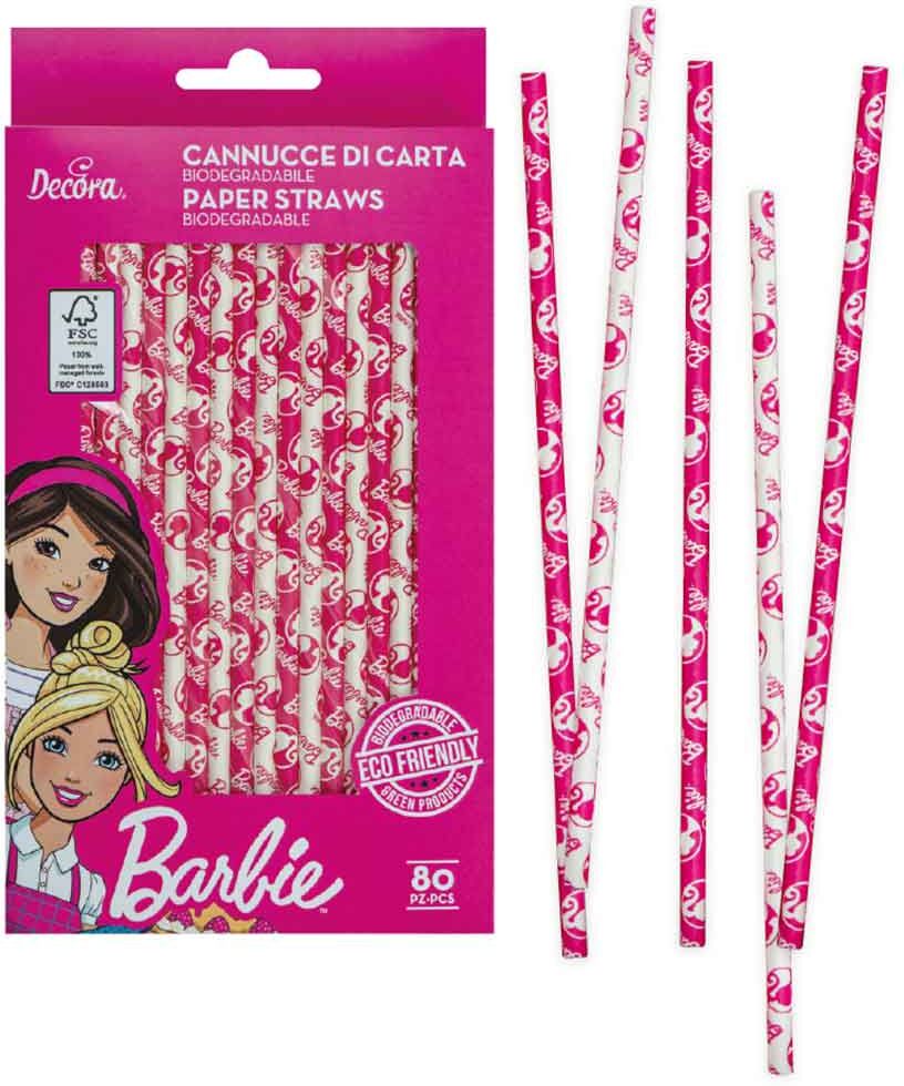 Decora 80 Cannucce Biodegradabili In Carta Barbie 21 Cm Ø6 Mm