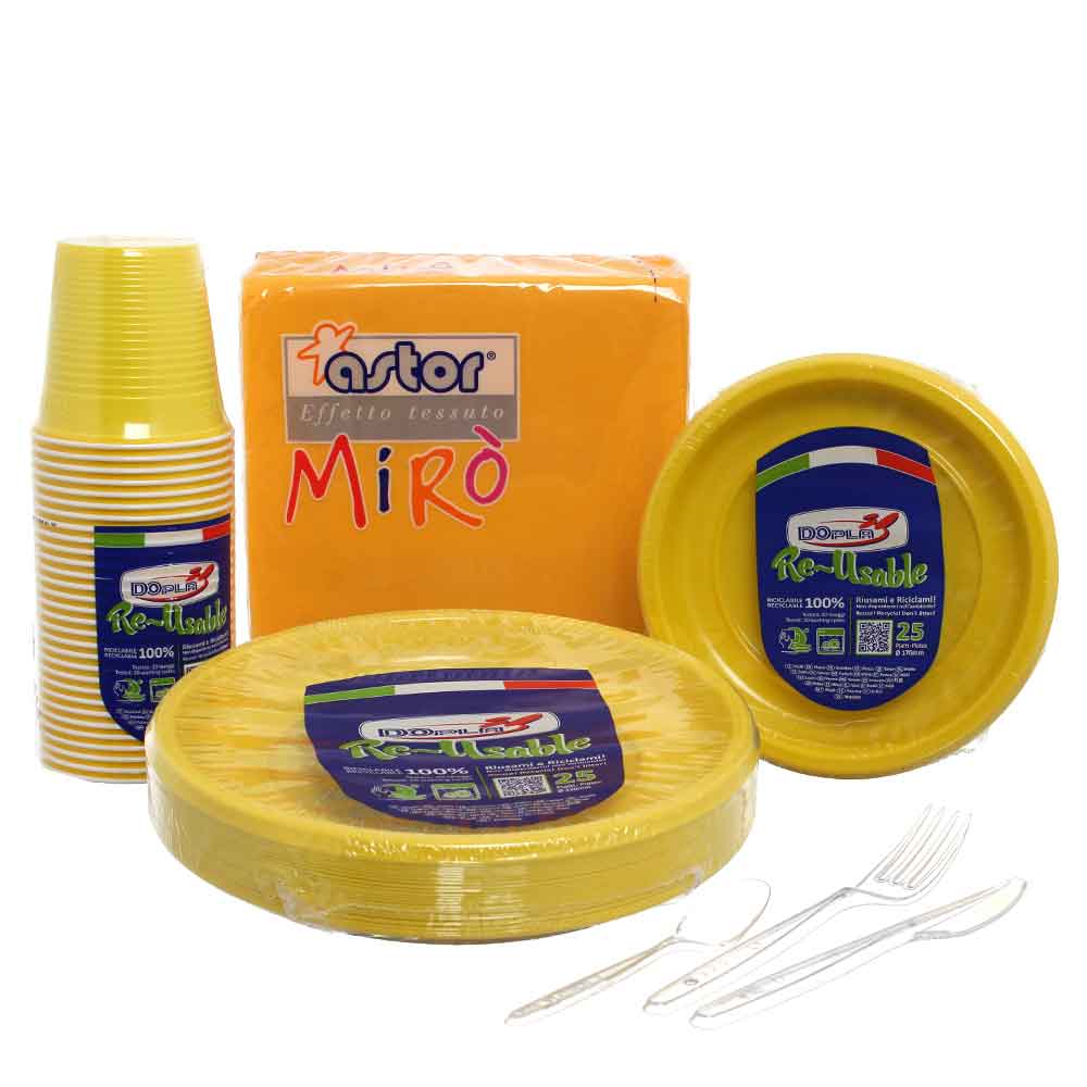 Dopla Set Completo Da Tavola In Plastica Lavabile Giallo Per 50 Persone