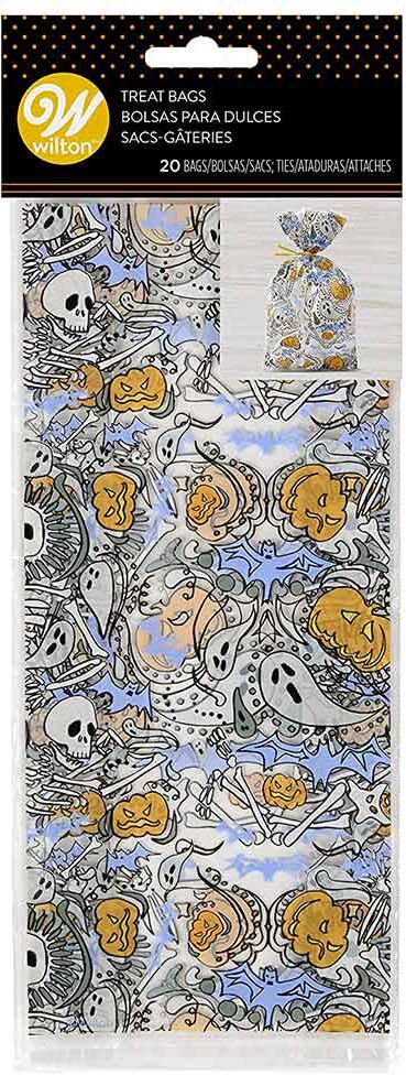 wilton 20 sacchetti in plastica con fantasmi, teschi e zucche per halloween 10 x 24 cm