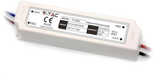 V-Tac Vt-22065 Alimentatore Slim Led 60w 12v 5a Waterproof Ip67 In Plastica Cavi A Saldare  - Sku 3252