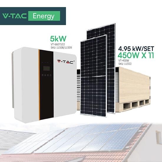 V-Tac Kit Solare Fotovoltaico Monofase 5kw Con 11 Pannelli Solari Da 450w - Inverter Invt Ibrido 5kw Cei-021 100155