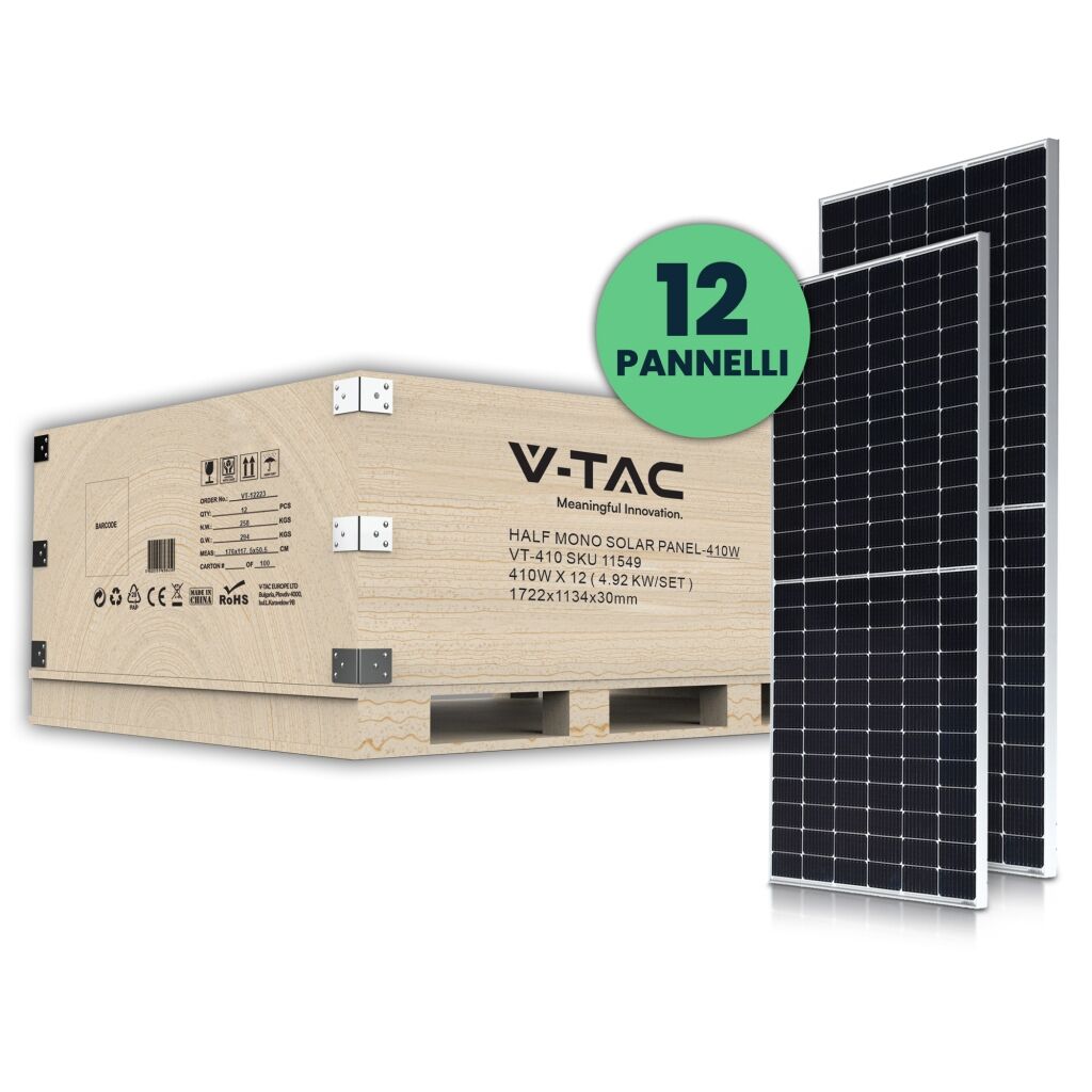 V-Tac Kit Fotovoltaico 4.92kw Set 12pz Pannello Solare Fotovoltaico Monocristallino 410w Slim Basso Profilo Lega Di Alluminio E Vetro Temperato Waterproof Ip68 - Sku 11549