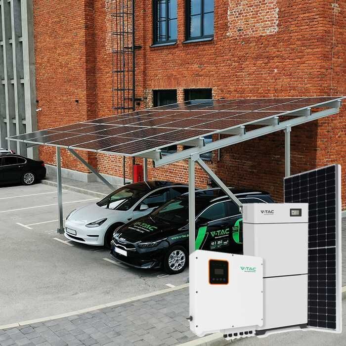 V-Tac Kit Pensilina Solare Per 2 Posti Auto Carport 8kw Pannello Fotovoltaico (15pz)- Inverter Ibrido 8kw - Batteria Accumulo 20kw Ricarica Auto Elettrica