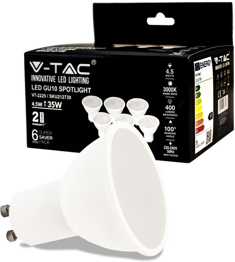 V-Tac Vt-2225 Lampadina Led Faretto 4.5w Smd Gu10 Bianco Freddo 6500k Copertura Satinata Box 6 Pezzi - Sku 212741