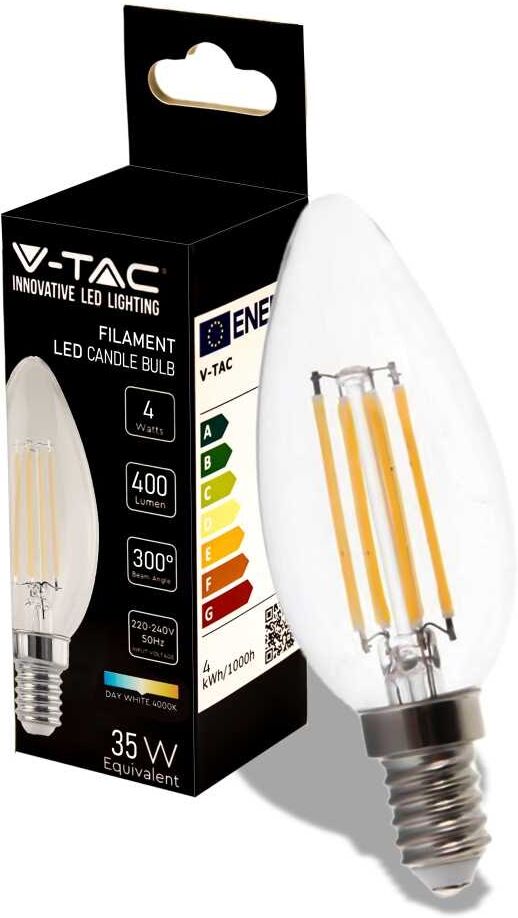 V-Tac Vt-1986 Lampadina Led Candela Filamento 4w Lampada E14 Luce Bianco Naturale 4000k - 214413