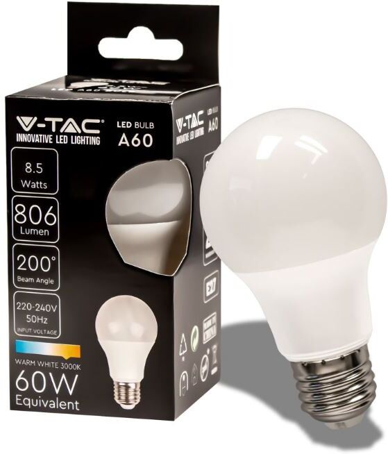 V-Tac Vt-2099 Lampadina Led 8.5w E27 Bulb A60 Bianco Caldo 3000k - Sku 217260