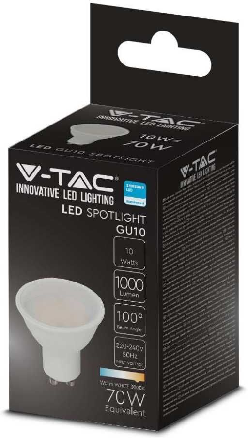 V-Tac Pro Vt-271 Lampadina Faretto Spot Led Chip Samsung Smd 10w Gu10 100° Bianco Caldo 3000k - Sku 21878