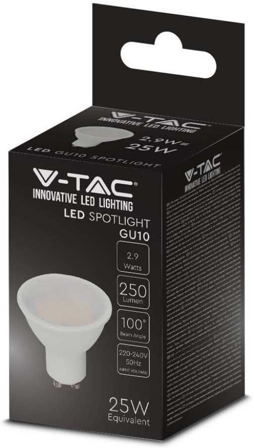 V-Tac Vt-2333 Lampadina Spot Led 2.9w Gu10 Faretto 100° Copertura Satinata Luce Bianco Caldo 3000k - 2987