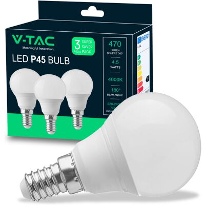 V-Tac Lampadina Led E14 4.5w P45 4000k Confezione 3 Pezzi – Sku 217358 V-Tac Lampadina Led E14 4.5w P45 4000k Confezione 3 Pezzi – Sku 217358