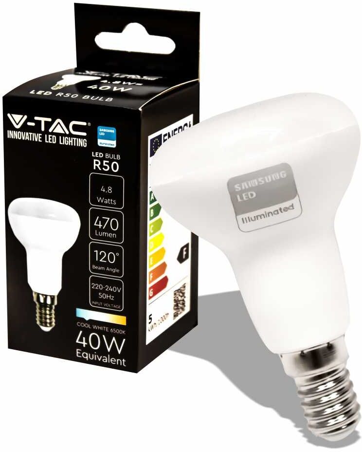 V-Tac Pro Vt-250 Lampadina Led Chip Samsung Per Faretto 4.8w E14 R50 Bianco Freddo 6400k - Sku 21140