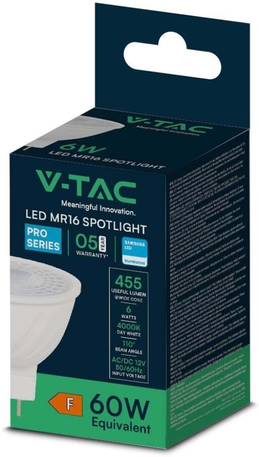 V-Tac Pro Vt-257 Lampadina Spot Led Chip Samsung Smd 12v 6w 110° Gu5.3 Mr16 Bianco Naturale 4000k - Sku 21205