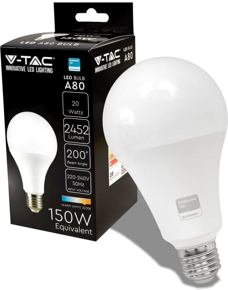 V-Tac Pro Vt-233 Lampadina Led Chip Samsung Smd Lampada 20w E27 120lm/w A80 Bianco Caldo 3000k - Sku 21237