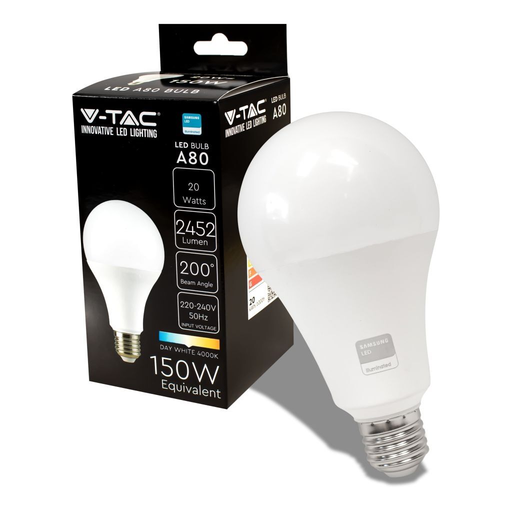 V-Tac Pro Vt-233 Lampadina Led Chip Samsung Smd 20w E27 200° A80 Alta Luminosità 122lm/w Bianco Naturale 4000k - Sku 21238