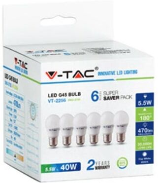 V-Tac Kit Super Saver Pack Vt-2256 6pcs/pack Lampadine Mini Globo Led Smd G45 5,5w E27 Bianco Caldo 2700k - Sku 2730