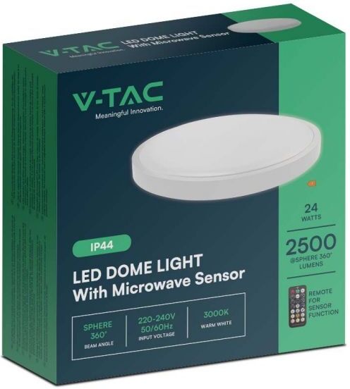 V-Tac Vt-8624s Plafoniera Led 24w Sensore Di Movimento Microonde Integrato E Telecomando Ip44 Rotonda Bianca 360° 6500k - Sku 76641