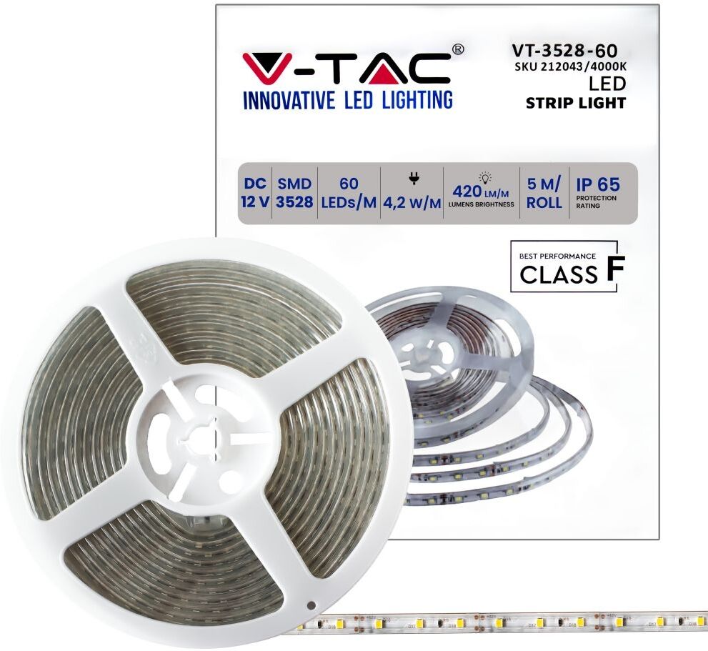 V-Tac Striscia Led 300led 5w/m Smd3528 Strip 5mt Ip65 Impermeabile - Mod - Vt-3528 Ip65 - Sku 212043 - 4000k