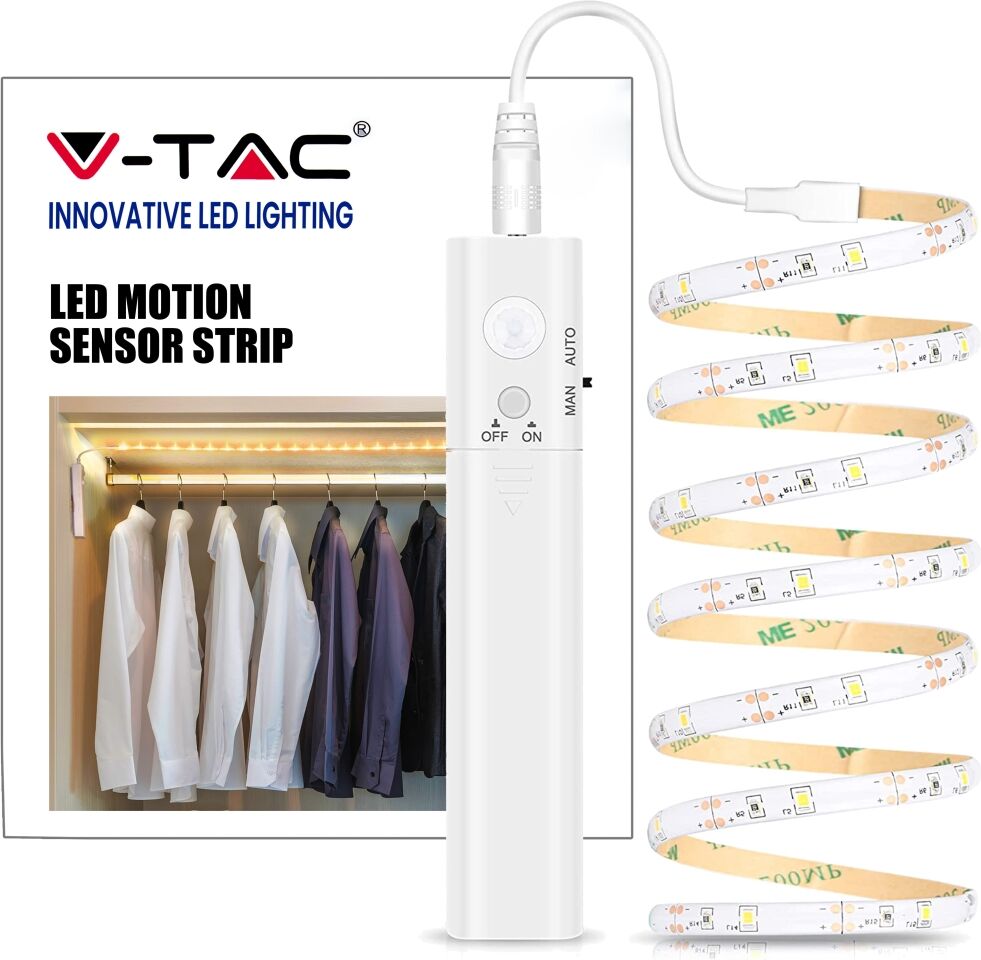 V-Tac Vt-8082 Kit Striscia Led 2.8w 1m Ip65 Con Alimentazione A Batterie E Sensore Movimento Pir Bianco Naturale 4000k - Sku 2574