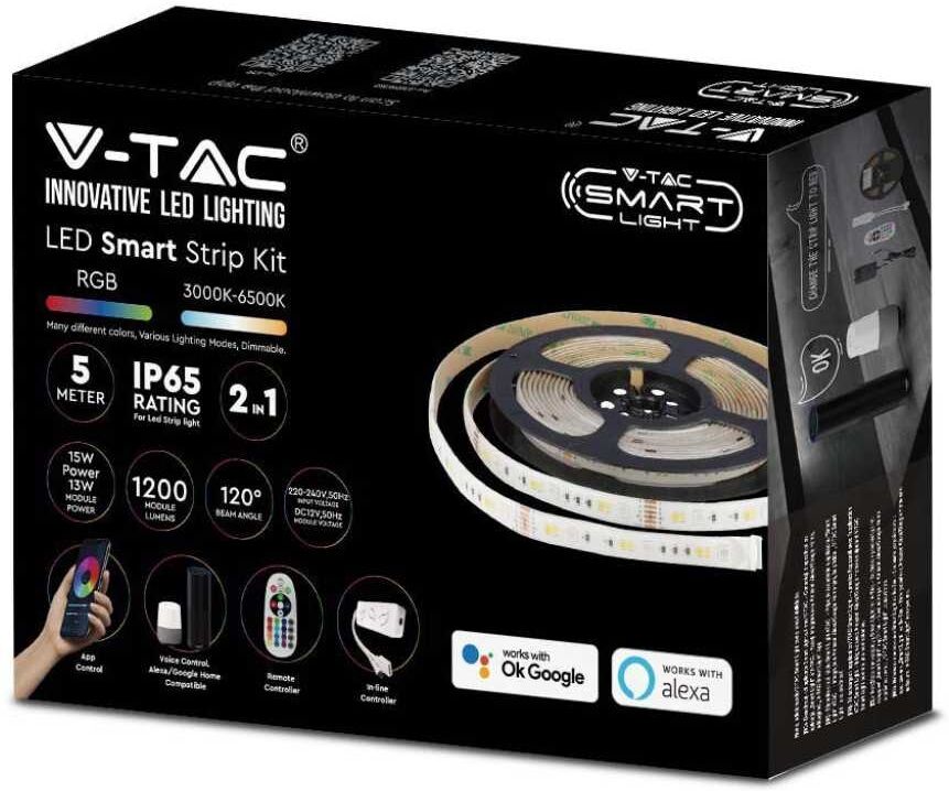 V-Tac Smart Home Strip Alexa Google Vt-5050 Kit Striscia Led Rgb+3in1 Smd5050 Wifi Ip65 Dimmerabile Gestione Smartphone - Sku 2910