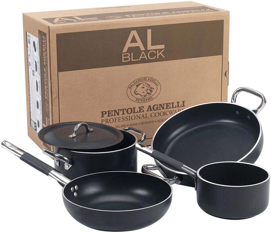 Ⓜ️🔵🔵🔵 Pentole Agnelli ALSASETALBLACK2 - Batteria di pentole con coperchio in alluminio