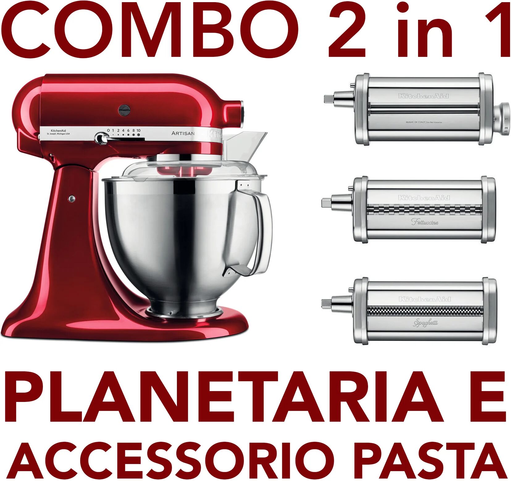 Ⓜ️🔵🔵🔵 KitchenAid Artisan COMBO 5KSM185PSECA e 5KSMPRA - COMBO Planetaria rosso mela met