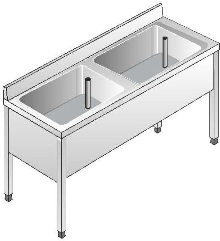 ACA Sistemi Lavello Acciaio Inox AISI 304 2 Vasche Dim. 140x70x85 cm con Alzatina senza Ripiano