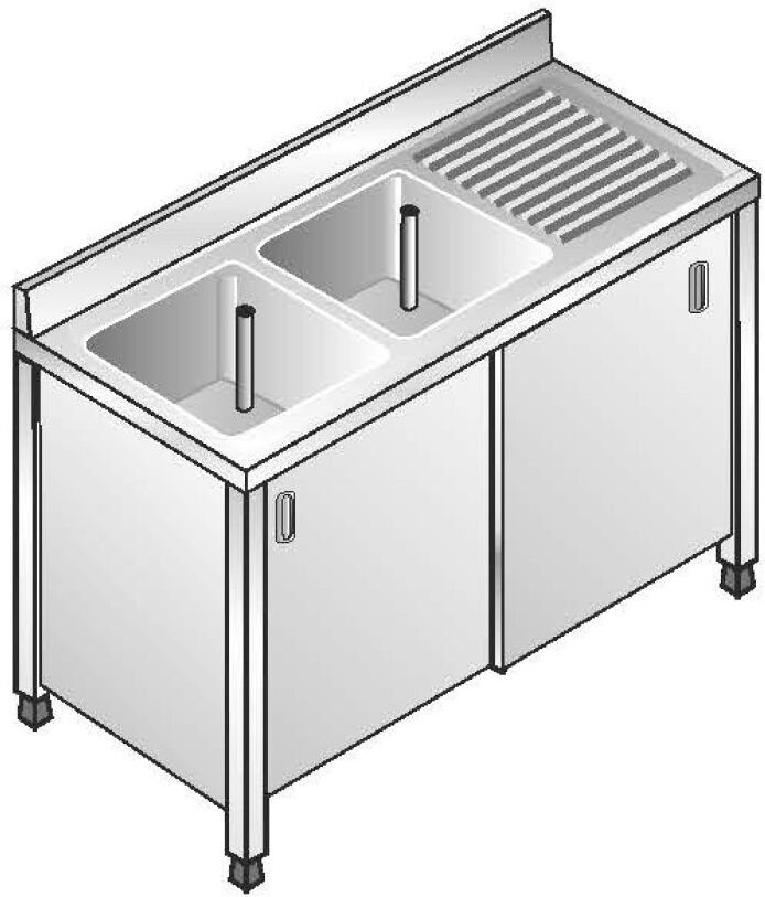 ACA Sistemi Lavello Inox Armadiato AISI 304 2 Vasche SX Sgocciolatoio DX Dim. 140x70x85 cm con Alzatina