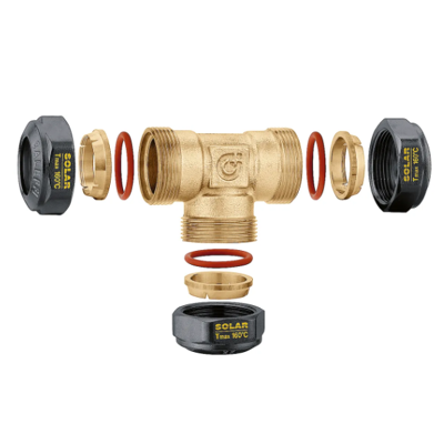 CALEFFI Raccordo a tee, meccanico a tenuta O-Ring per impianti solari. Diametro tubazione Ø22 254602 Ø 22 CALEFFI Raccordo a tee, meccanico a tenuta O-Ring per impianti solari. Diametro tubazione Ø22 254602 Ø 22