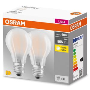 OSRAM-LEDVANCE OSRAM CLASSIC A CONFEZIONE DA 2 LAMPADINE LED FORMA GOCCIA SMERIGLIATA 60W = 806 LUMEN LUCE CALDA ATTACCO E27 TUTTO VETRO CON FILAMENTO