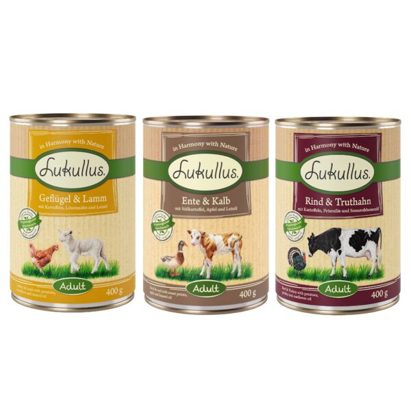 lukullus 10 + 2 gratis! 12 x 400 g lukullus alimento naturale per cani - confezione mista (3 varietà)