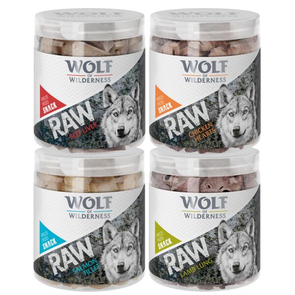 wolf of wilderness set prova! snack premium liofilizzati wolf of wilderness - raw - mix: cuori di pollo, polmoni di agnello, fegato di manzo, gole di anatra 300 g