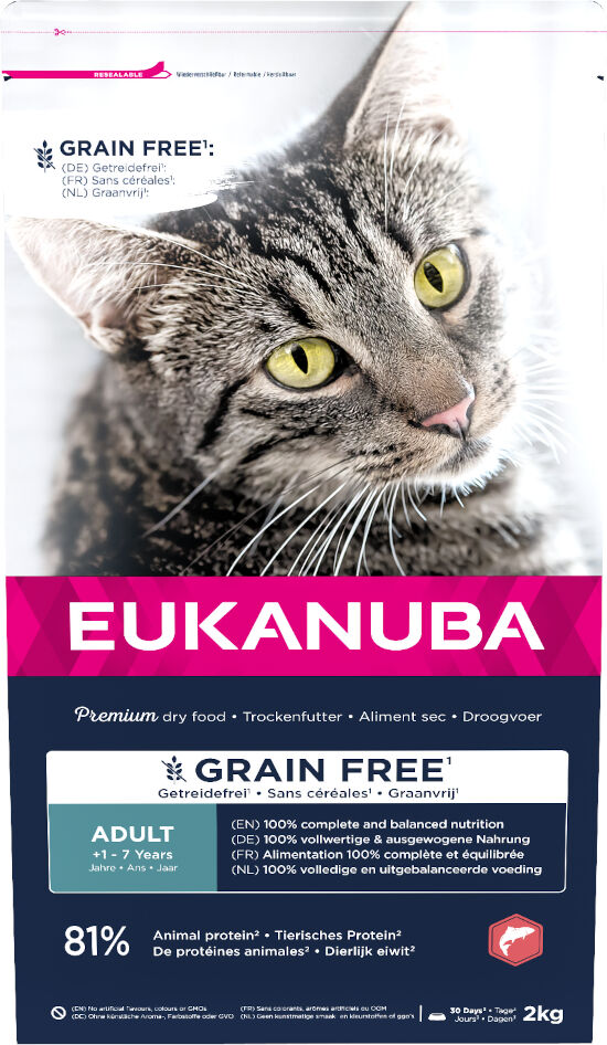 Eukanuba Adult Grain Free Salmone Crocchette per gatto - Set % 2 x 2 kg