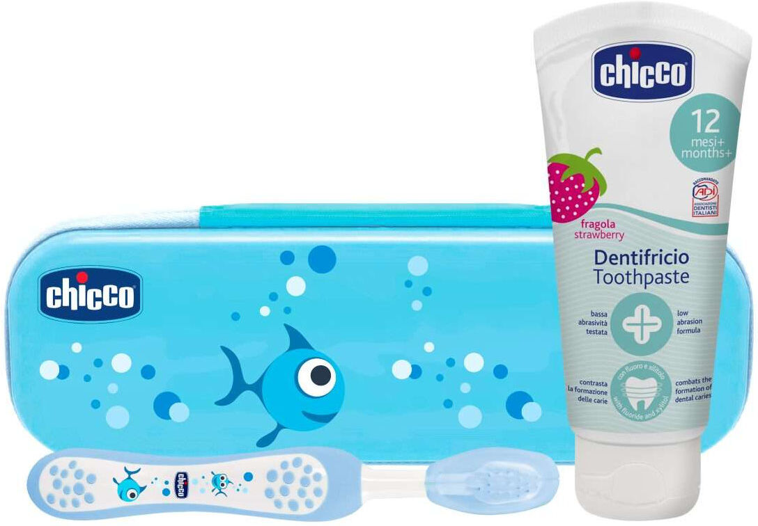 chicco set primi dentini 1 spazzolino + 1 dentifricio da 50 ml - azzurro/pesce fragola