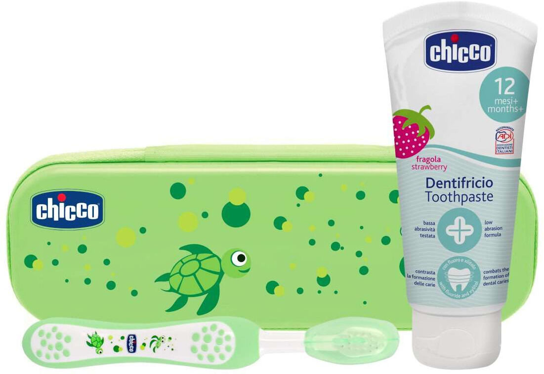 CHICCO Set Primi Dentini 1 Spazzolino + 1 Dentifricio Da 50 Ml - Verde/tartaruga Fragola