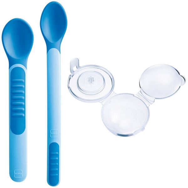 mam heat sensitive spoons & cover 6+ mesi 2 cucchiaini morbidi azzurri