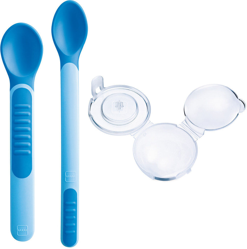 mam heat sensitive spoons & cover 6+ mesi 2 cucchiaini morbidi azzurri