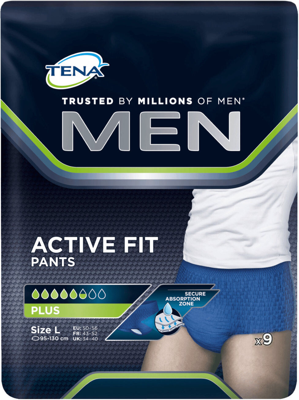 tena men - active fit pants plus 9 assorbenti taglia m