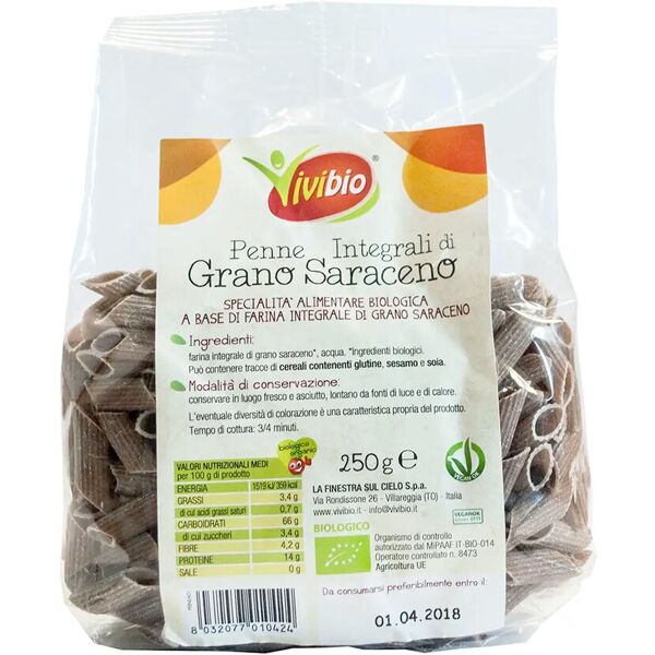 vivibio penne integrali di grano saraceno 250 grammi