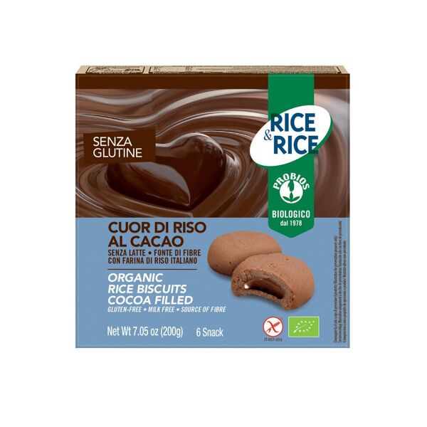 probios rice & rice - cuor di riso al cacao senza glutine 6 snack da 33 grammi