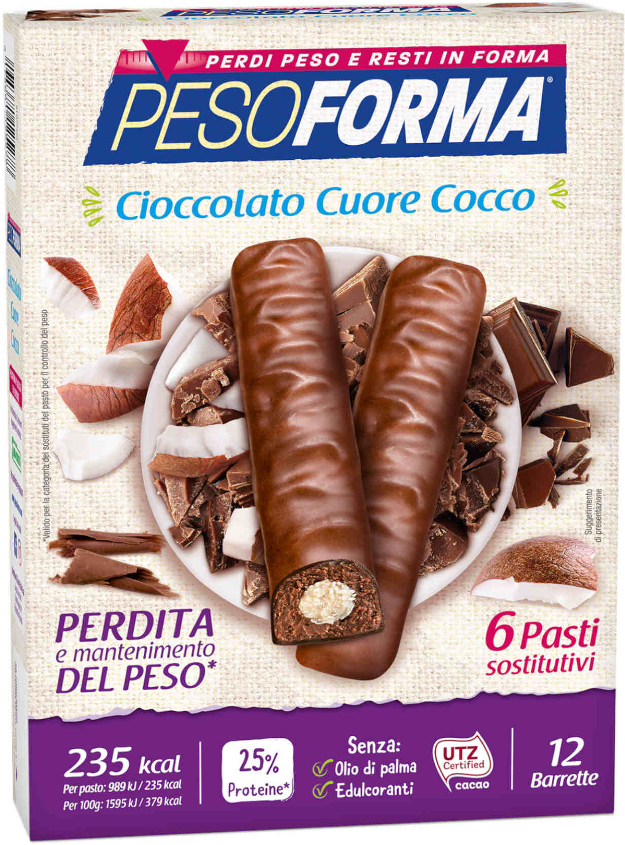 pesoforma barrette al cioccolato cuore gusto cocco 12 barrette da 31 grammi cioccolato cocco