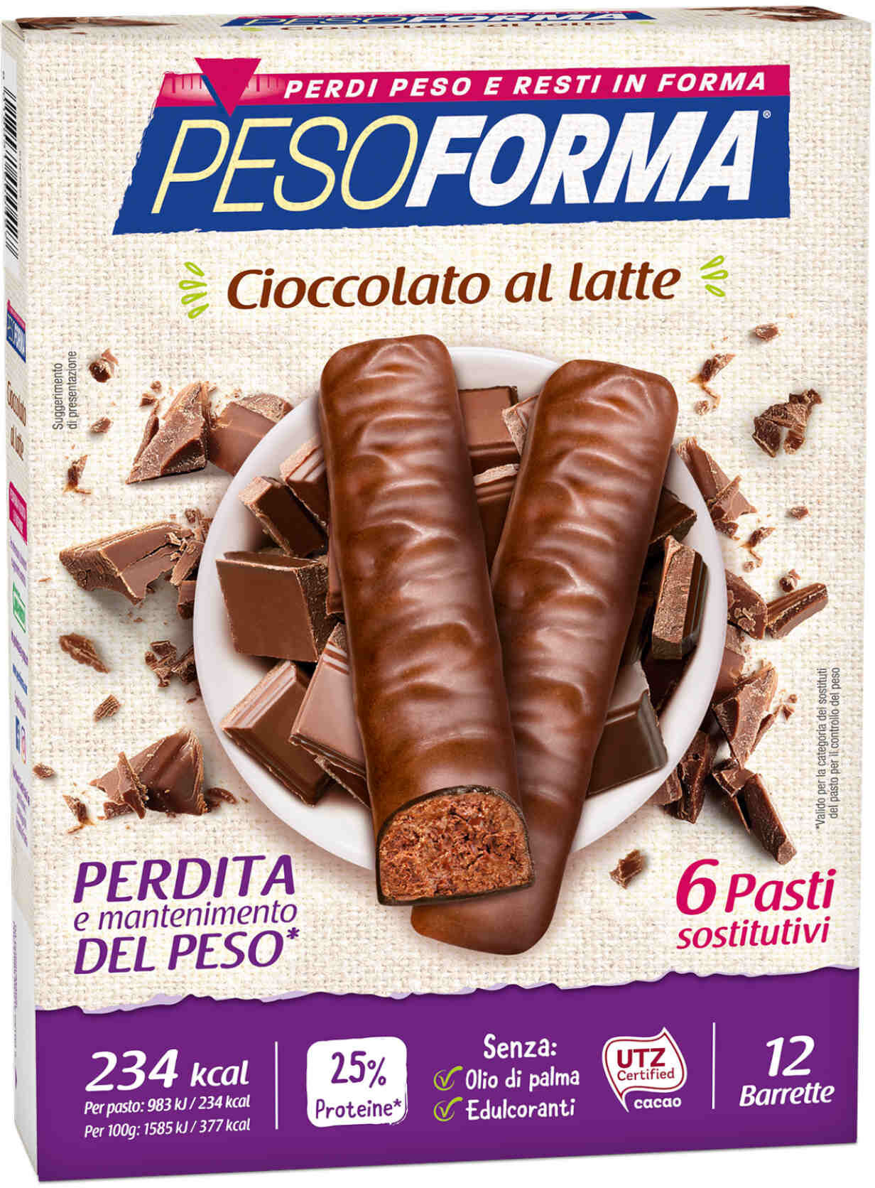 pesoforma barrette al cioccolato al latte 12 barrette da 31 grammi cioccolato al latte