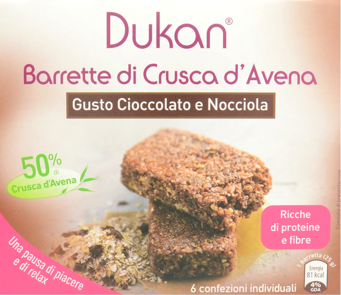 dukan barrette di crusca d'avena gusto cioccolato e nocciola 6 barrette da 25 grammi