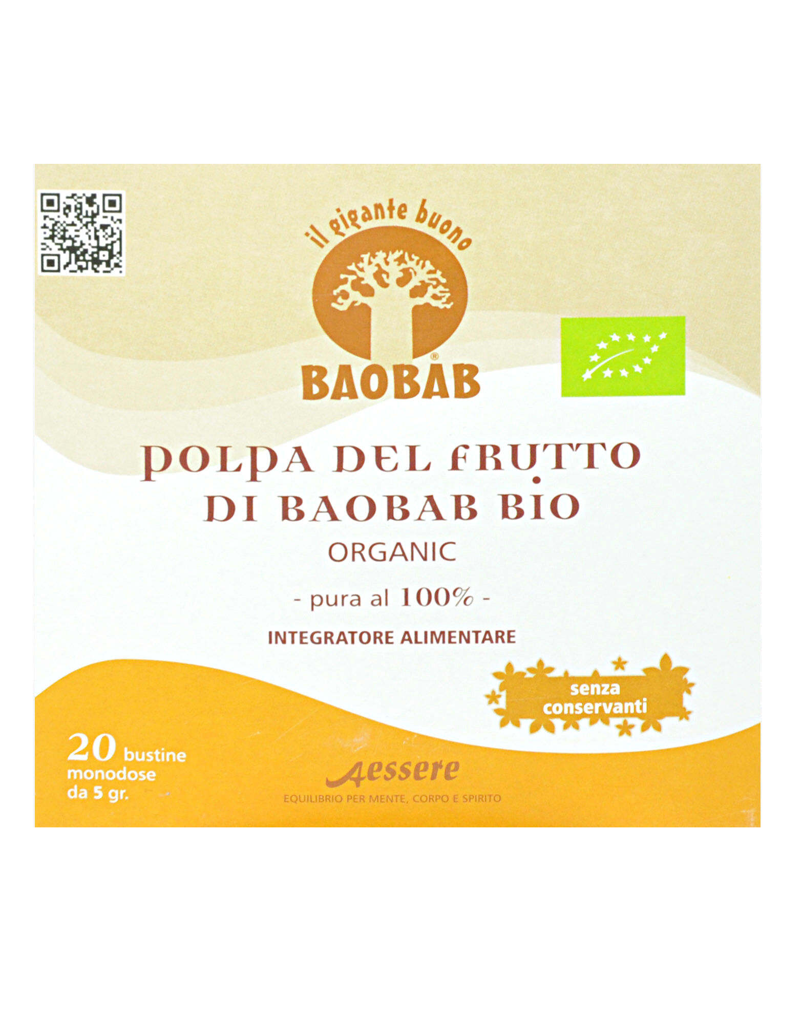 aessere baobab - polpa del frutto di baobab bio 20 bustine da 5 grammi